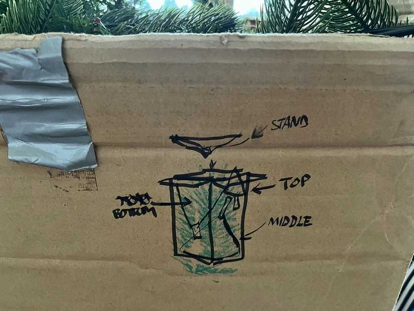 A close-up photo of an artificial tree in a box. The box has a rough drawing on it, showing how to fit the pieces of the tree back into the box.