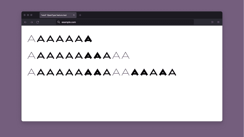 A screenshot of Firefox, showing three lines of text, with the “rand” OpenType feature applied. Each line of text has a few more letters, and demonstrates that the “randomness” is actually a repeatable sequence.