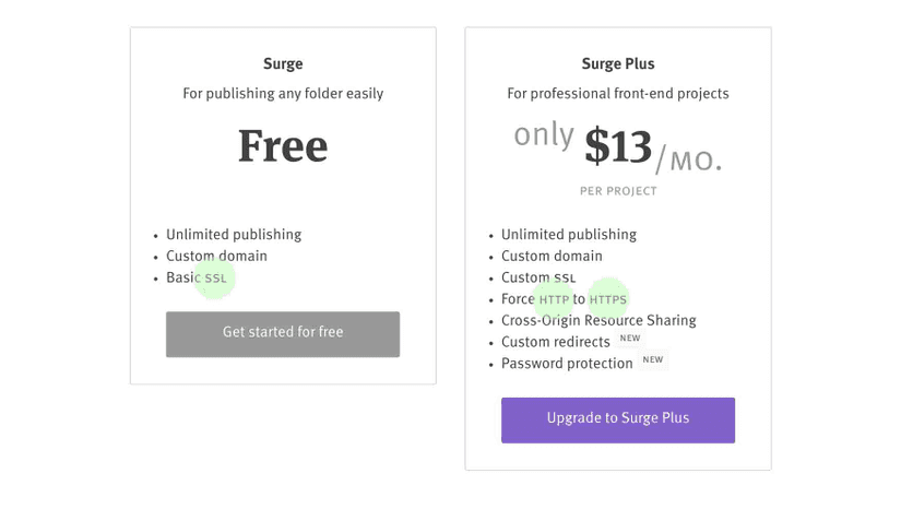 A screen capture of the pricing page on the Surge website, showing how small capitals can be used in context.