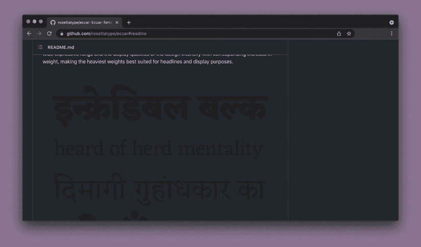 Screenshot of a type specimen on GitHub that has black text on a very dark grey background