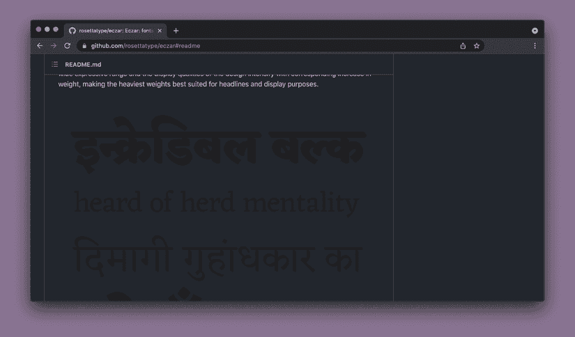 Screenshot of a type specimen on GitHub that has black text on a very dark grey background