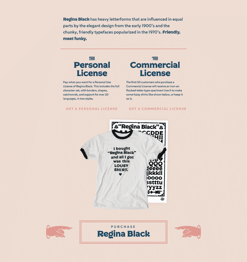 Screencapture of the pricing section of the Regina Black type specimen site on a wide browser.