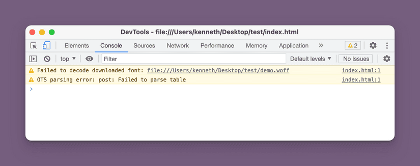 A screenshot showing the Chrome developer console, with a yellow “OTS parsing error” warning.
