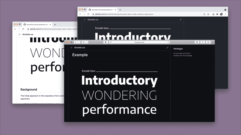 Three screenshots showing the GitHub website with different colour themes, and the type specimen using dark or light text as appropriate.
