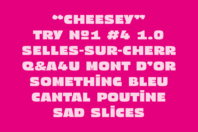 Type specimens listing French cheeses in the SAD Slices typeface.