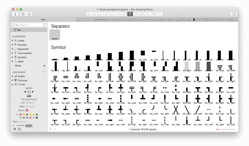 A screenshot showing the Glyphs app user interface, with the box drawing glyphs filled in