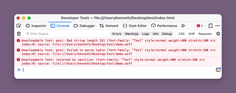 A screenshot showing the Firefox developer console, with a three red “rejected by sanitizer” error messages.