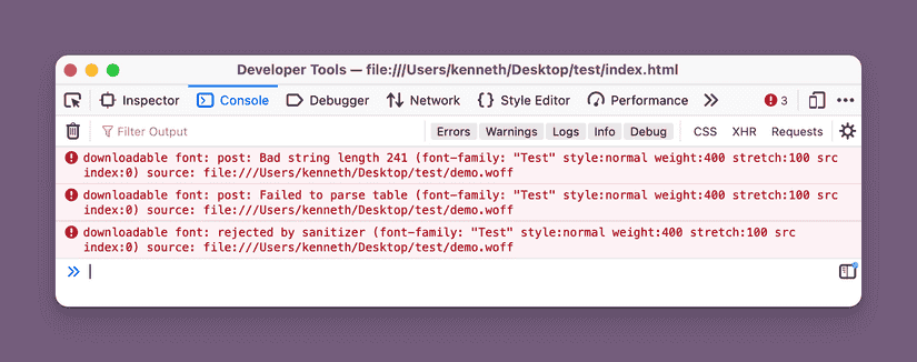 A screenshot showing the Firefox developer console, with a three red “rejected by sanitizer” error messages.